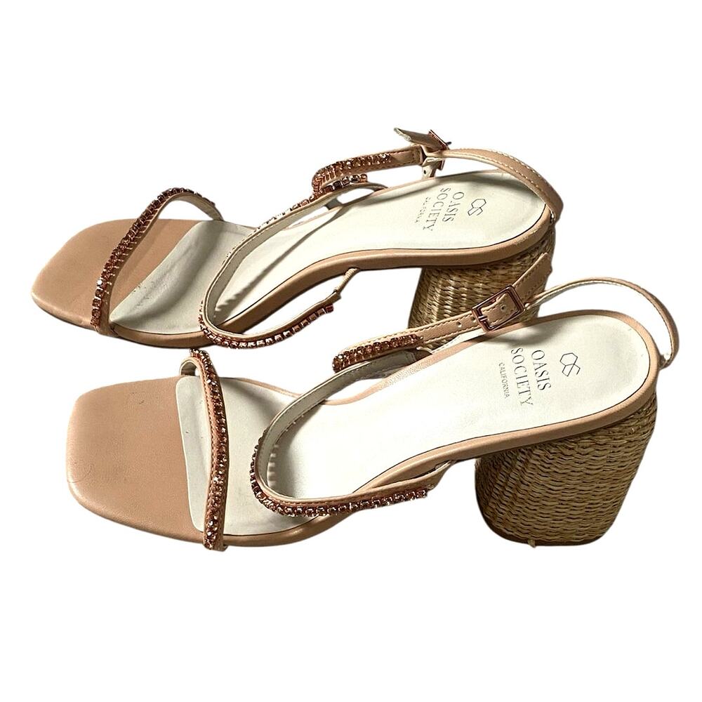 Oasis Society rhinestone Heels Strappy Block Woven Raffia Biege 10 Square Toe